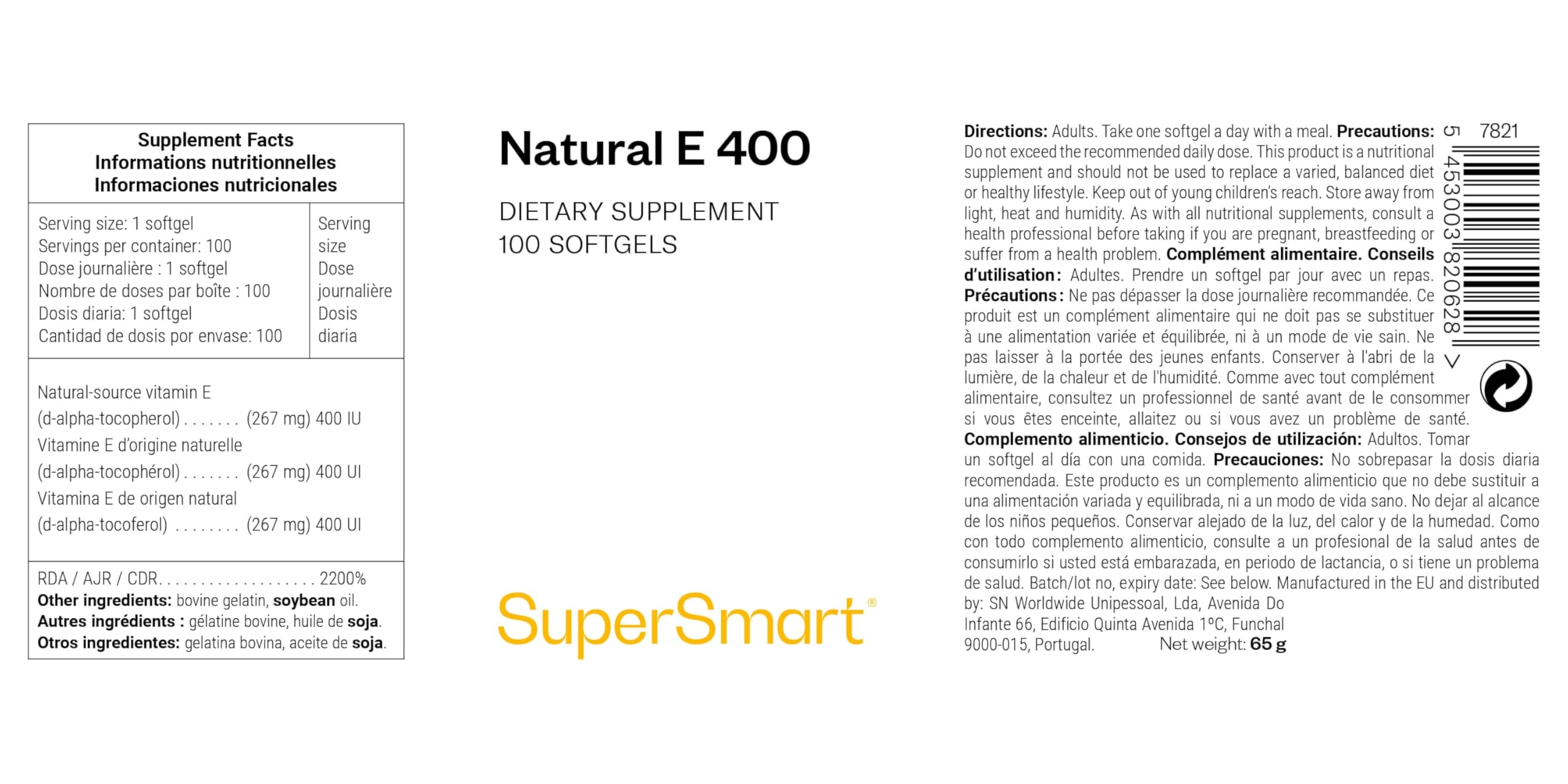 Vitamine E Naturelle - (D-Alpha Tocophérol) - Bonne Santé de la Peau et des Cheveux - Aide à Protéger les Cellules Contre le Stress Oxydatif - 100 Softgels - Sans Gluten - SuperSmart