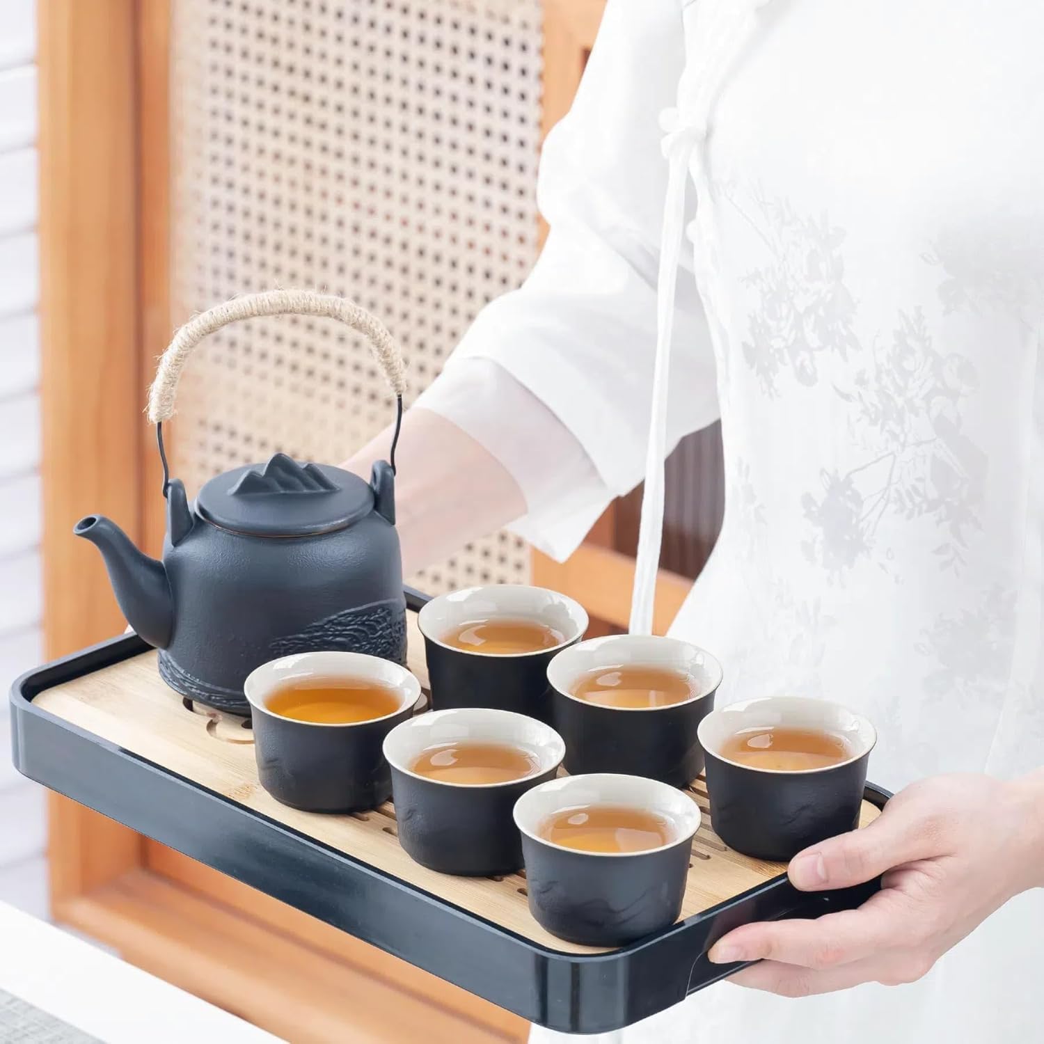 Théière avec passoire intégrée, service à thé en porcelaine chinoise avec théière et 6 tasses, service à thé avec poignée en corde de chanvre pour thé en vrac, cadeau pour les amateurs de thé
