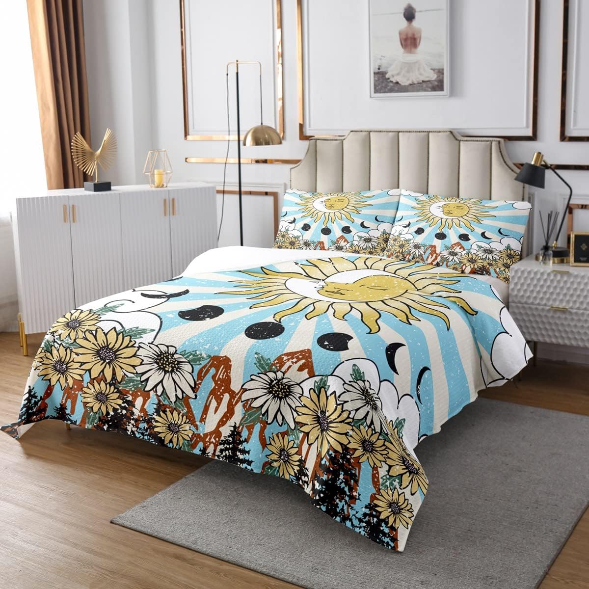 Erosebridal Sun and Moon Quilt Set Boho Bohemian Hippie Coverlet Set Moon Phase Print Bedspread Queen Size Geometric Striped Bedding Sets Sunflower Daisy Bedspread & Coverlet Sets Retro Decor