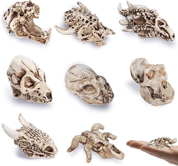 Bbiamsleep 8 Pcs 2.3 Inch Animal Skulls Figurine Resin Mini Skulls Dinosaur Alien Animal Skulls Decor Ornament Mini Skull Heads for DIY Projects Halloween Christmas Decoration