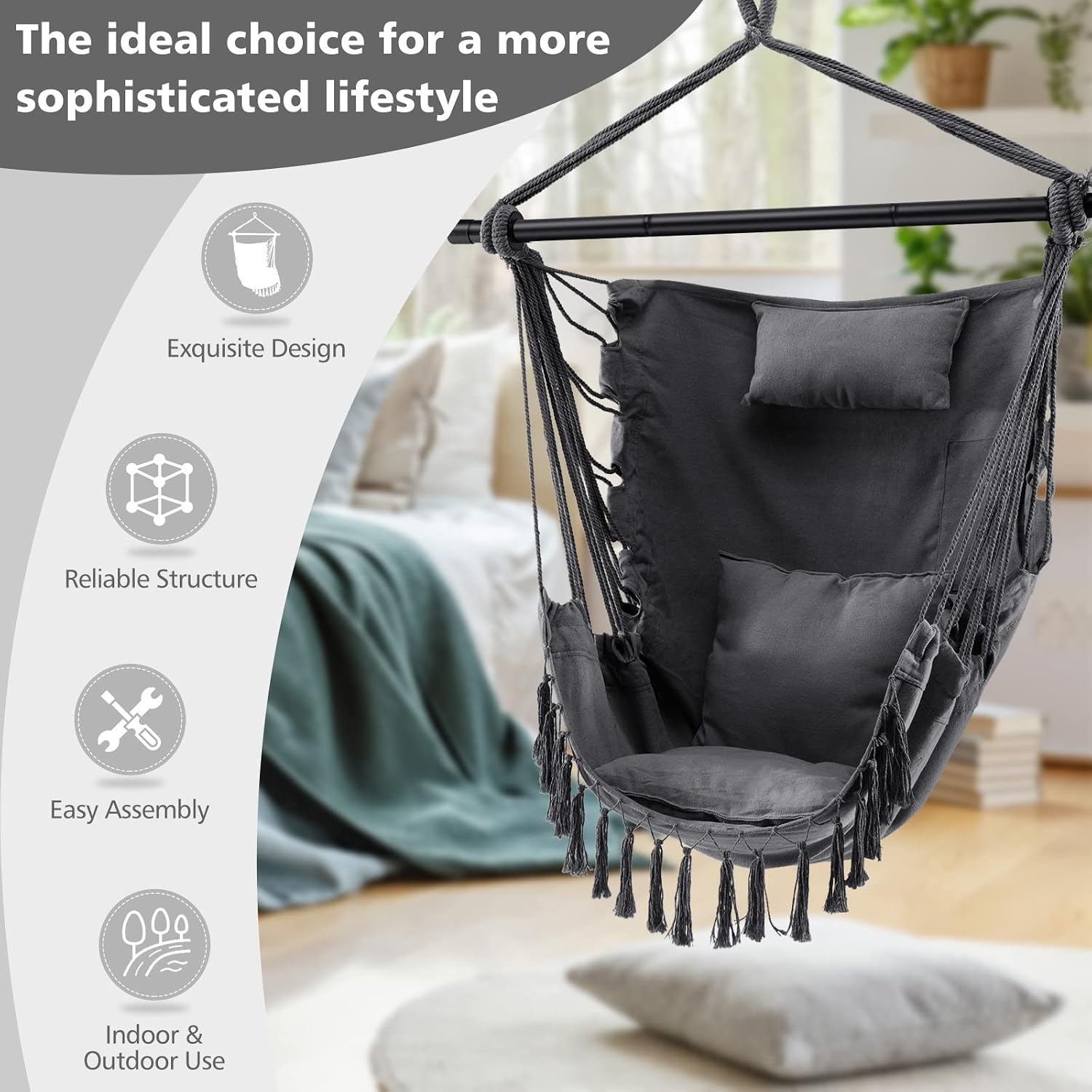 Tangkula Hammock Chair, Hanging Rope Swing with Head Pillow, 2 Cushions, Side Pocket, Removable Steel Spreader Bar, Macrame Hanging Chair with Tassels for Indoor Outdoor, Bedroom, Yard, Porch (Grey)
