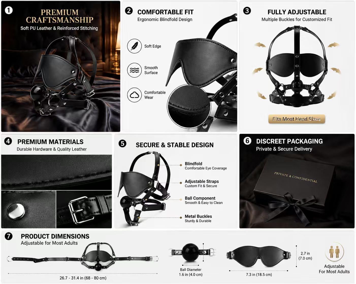 Head Harness with Ball Gag and Blindfold, Black, Faux Leather, Adjustable Straps
