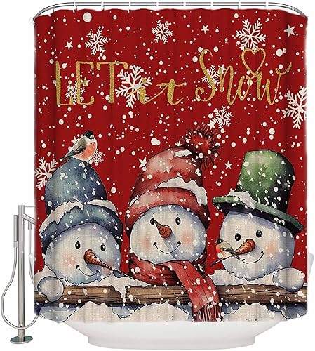 Miniatura 4 de LBHAUSE Cortina de ducha de Navidad con diseño de muñeco de nieve rojo para baño, cortina de ducha de tela impermeable con copos de nieve en