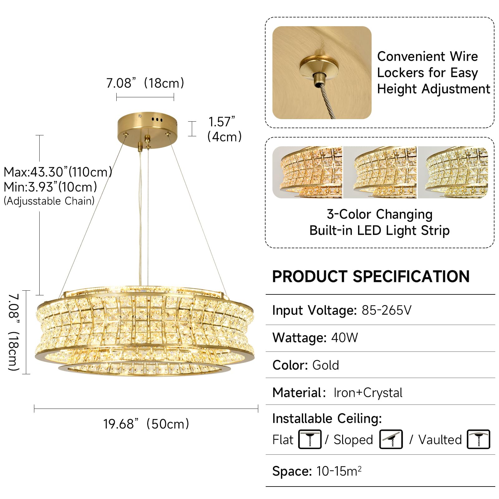Lámpara de araña moderna de cristal dorado, lámparas colgantes redondas LED, lámparas de araña doradas ajustables para vestíbulos, salones y comedores, 50 cm