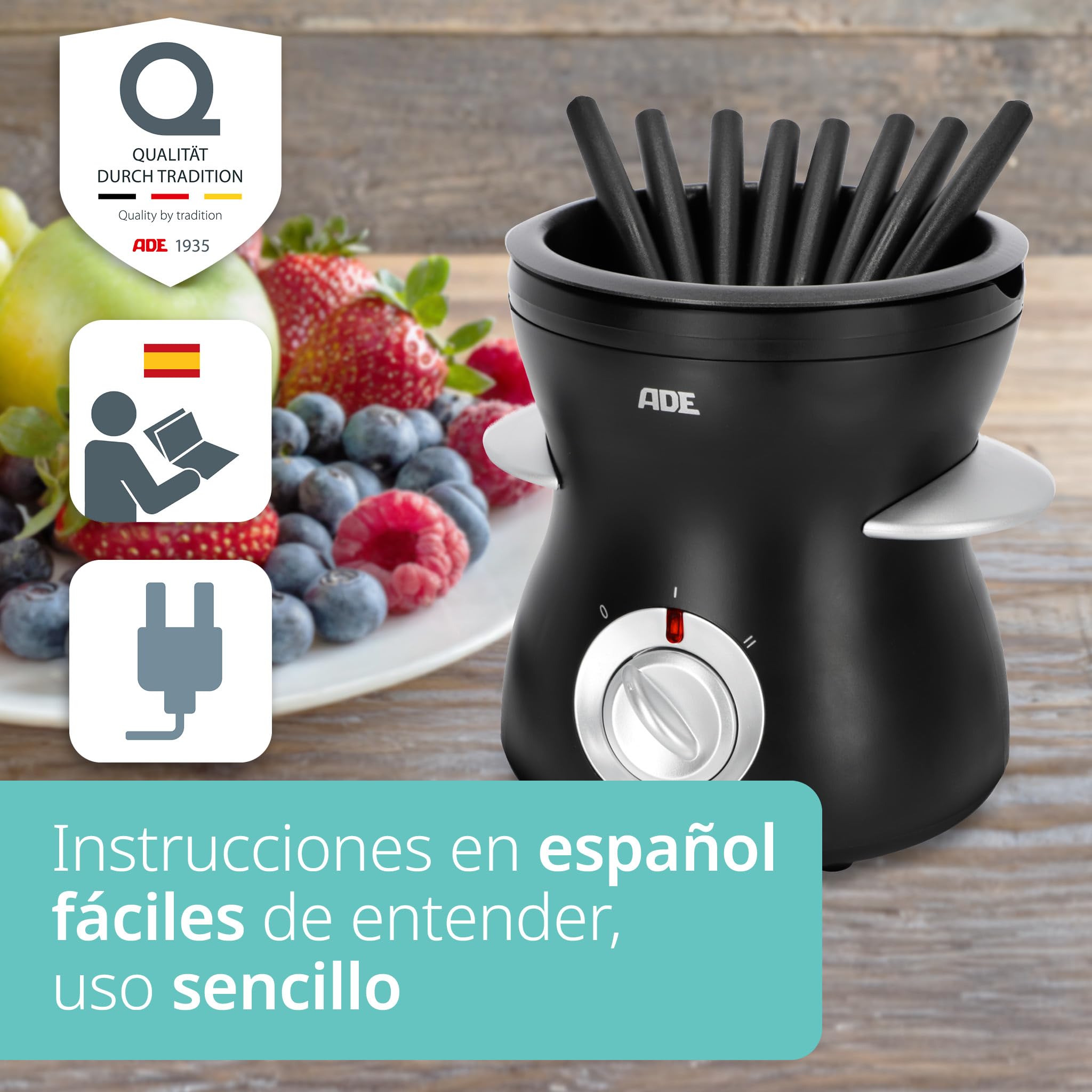 ADE Fondue eléctrica de chocolate con 2 niveles de temperatura | Fuente de chocolate con 8 tenedores | Chocolatera con recipiente extraíble con revestimiento de teflón | capacidad de 500 ml
