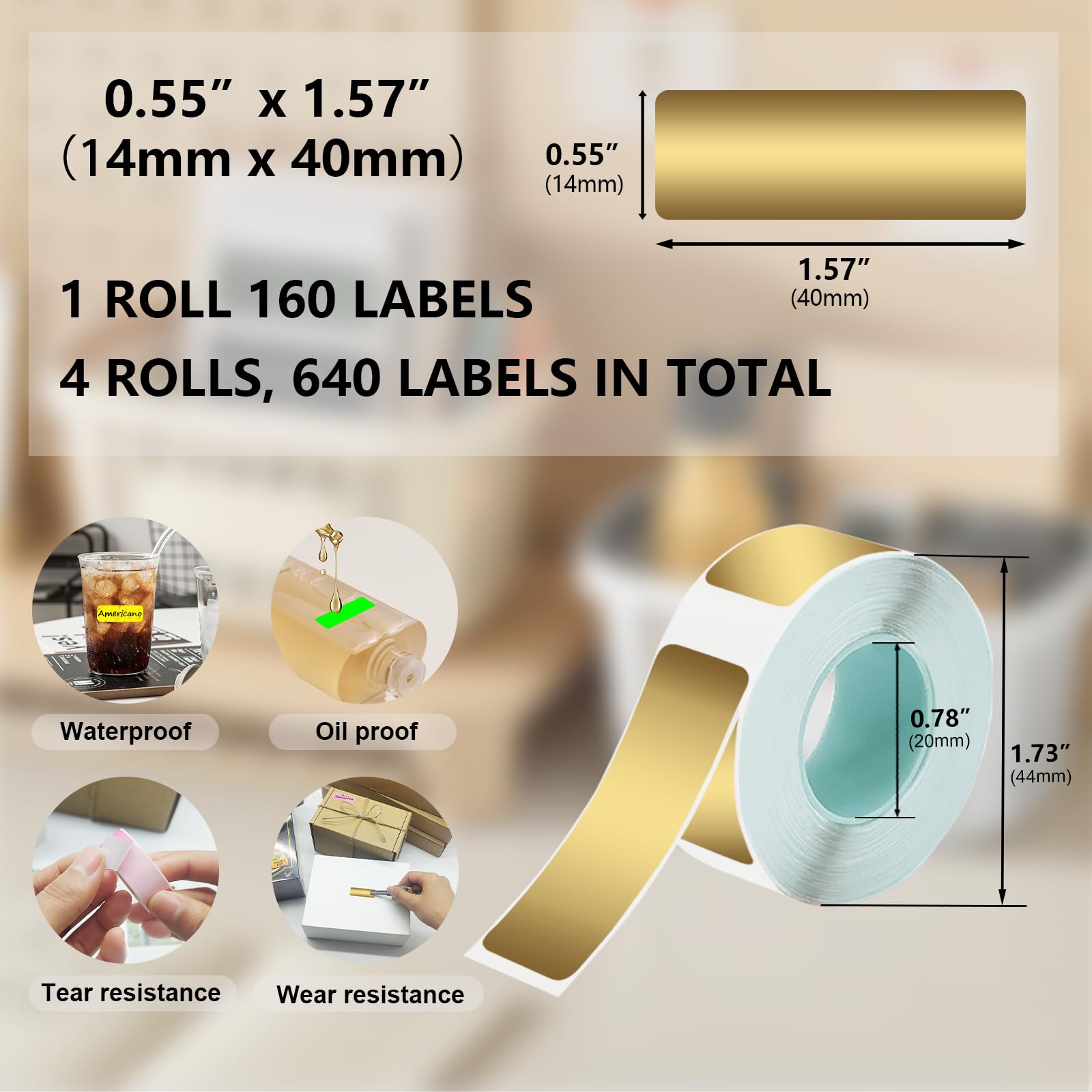 Nastro termico per etichette (1,4 x 4 cm), 4 rotoli, 640 etichette in totale, stampante adesiva termica compatibile con etichettatrice D30, nastro adesivo per casa, scuola e ufficio, oro