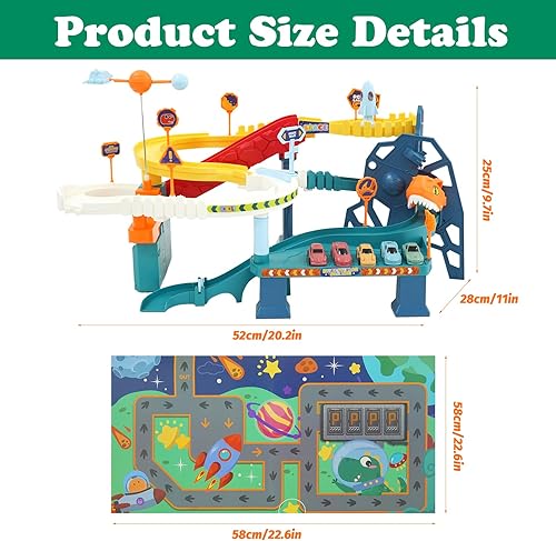 Miniatura 2 de Juguete de coche de pista de carreras para niños, juego de vehículo de aventura de dinosaurio con 5 mini autos y mapa de ruta, juguetes educativos