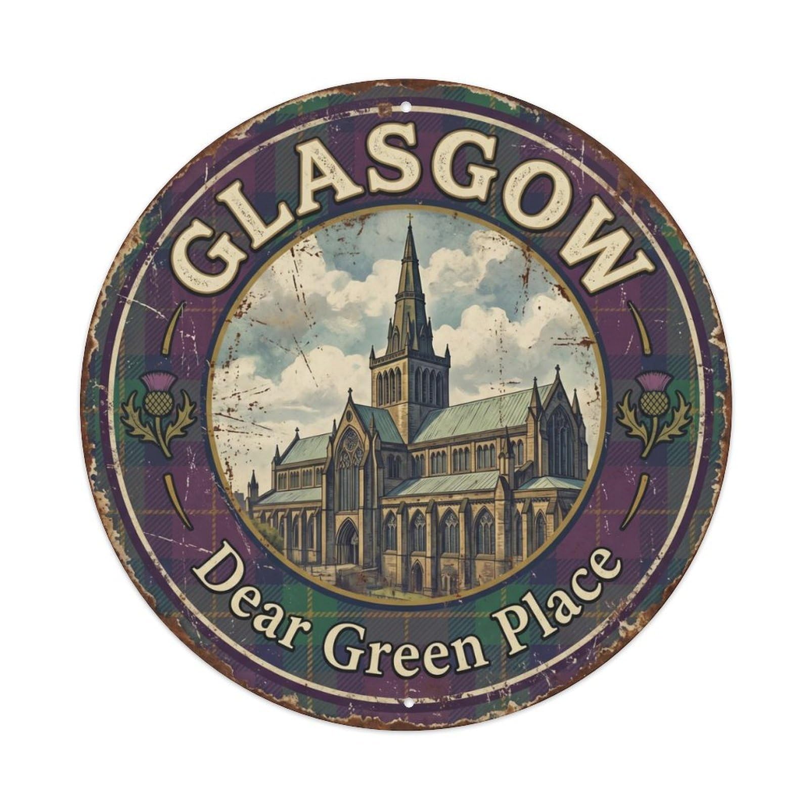 Vintage Travel Glasgow Cathedral Scotland Metal Tin Sign Plaque Wall Decor for Cafe, Club Bar, Office, Home Garden Round Metal Poster 8x8Inch