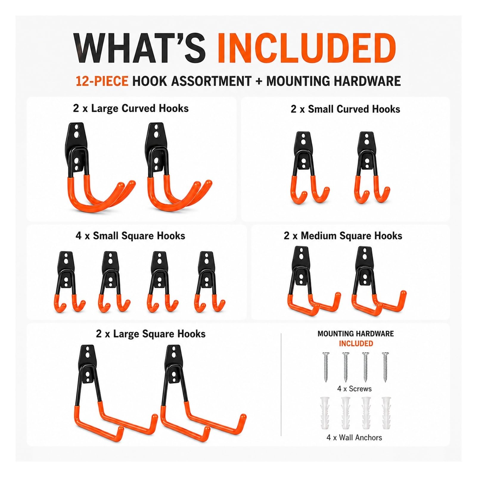 Ganci da Parete con Rivestimento in Gomma Antigraffio, Ganci Garage Doppia Crampata in Acciaio, Porta Attrezzi da Parete in Ferro per Officina, Garage, Trapani e Tubi(Orange)