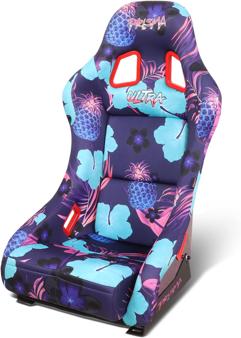 NRG Innovations FRP-303-PINA Prisma Fixed Back Bucket Racing Seat with Bottom Mount Bracket,Invert Tropical Print/Purple Sparkled Paint Back