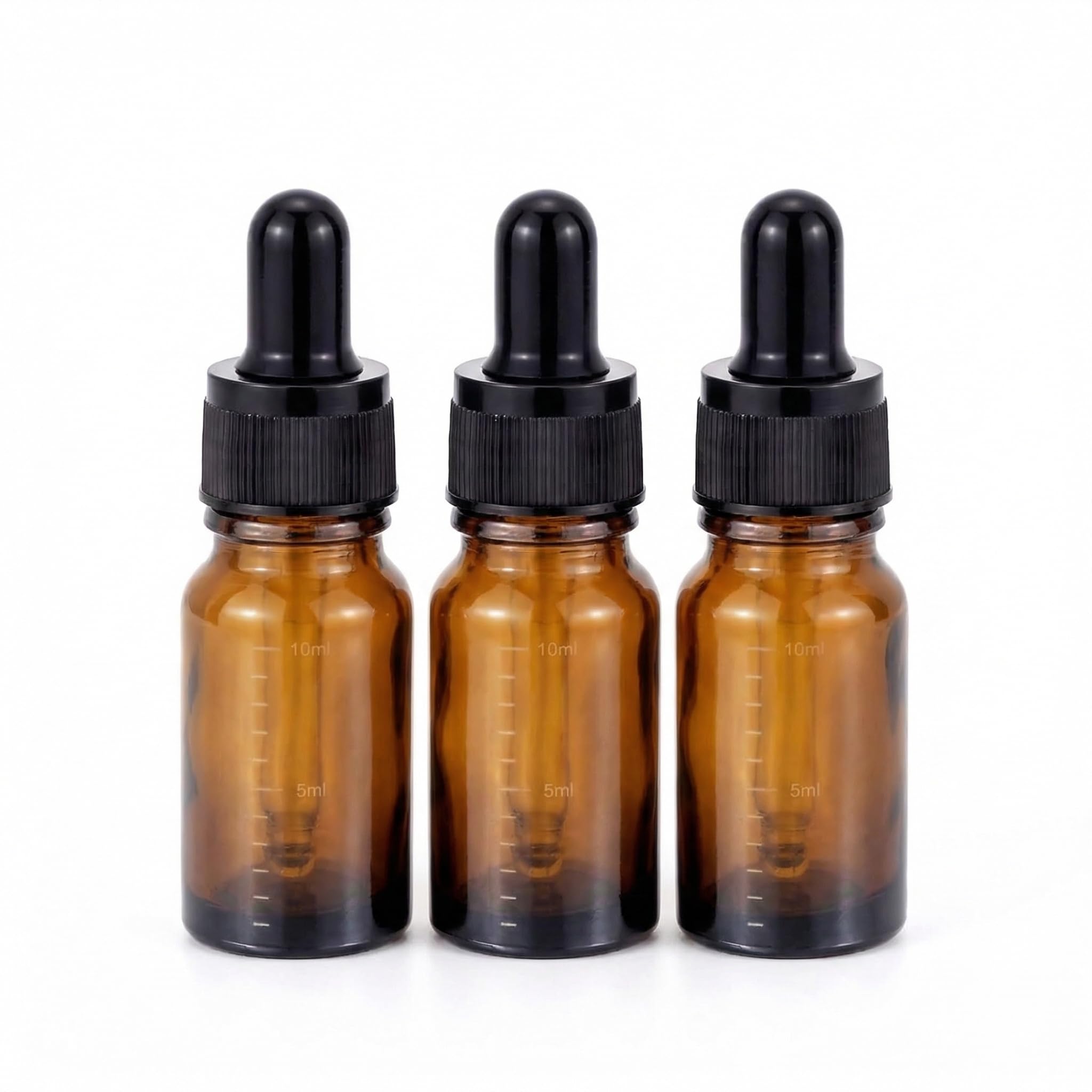 Lot de 3 flacons compte-gouttes vides rechargeables en verre ambré gradué pour huiles essentielles, cosmétiques, liquide, pot avec pipette compte-gouttes en verre (10 ml)