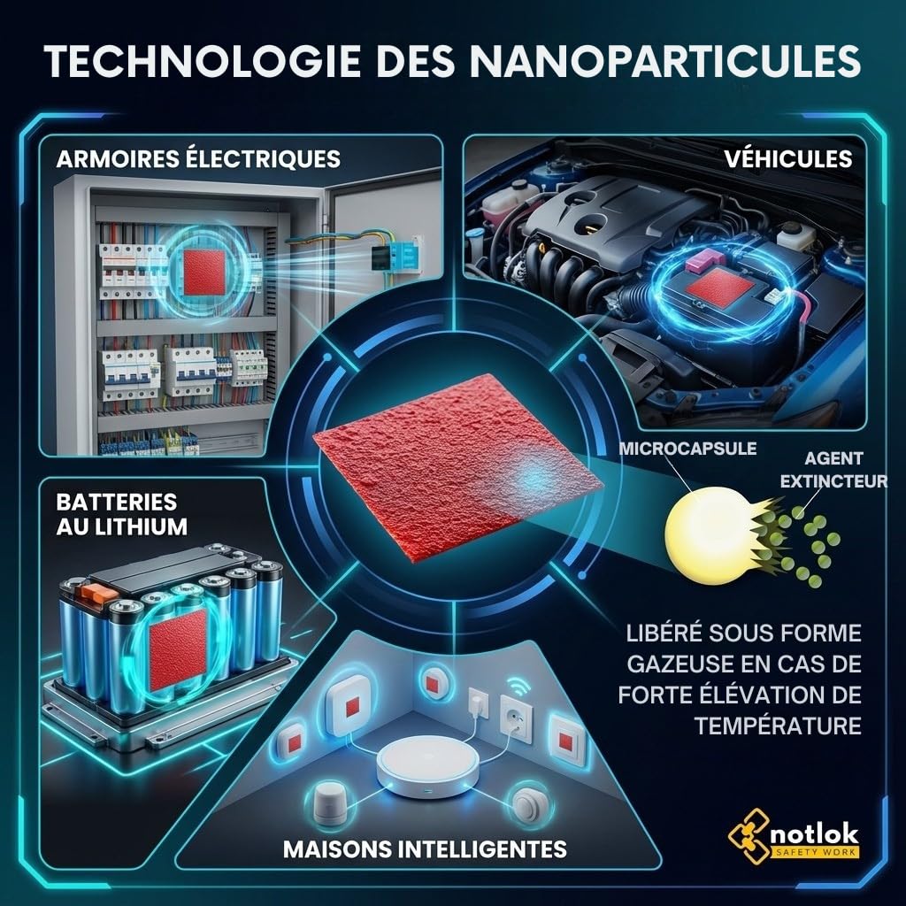 Autocollant Petit extincteur Automatique 4×10 cm | Protection Incendie sans Entretien | Technologie microcapsulaire | pour armoires électriques, véhicules et Batteries Lithium