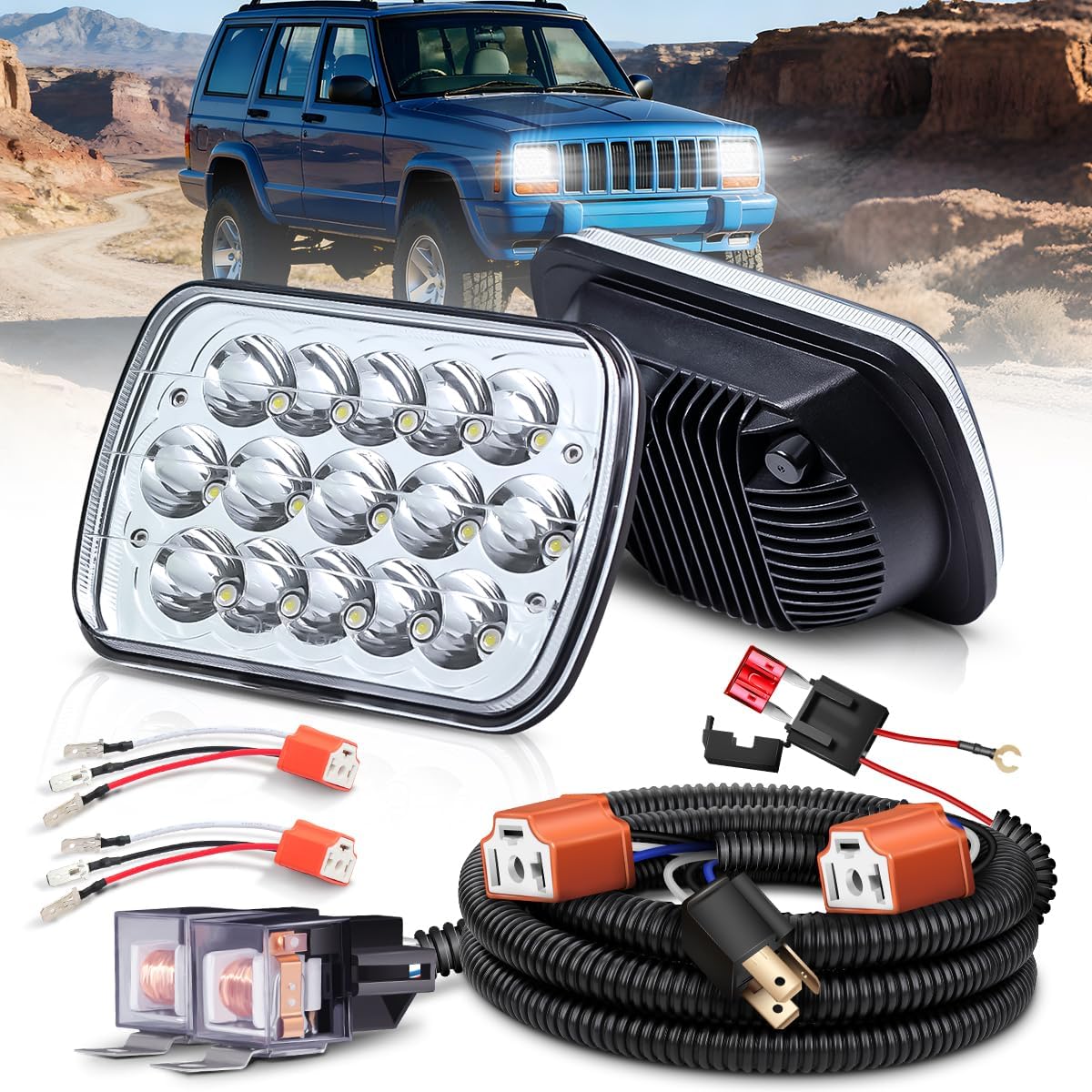 5x7 7x6 In LED Headlights with H4 Relay Wire Harness DOT Approved High/Low Beam H6054 Rectangular Headlight for Truck Offroad Van SUV Blazer Ford GMC Replace for H6545 H6052 H5054 H6545 Socket