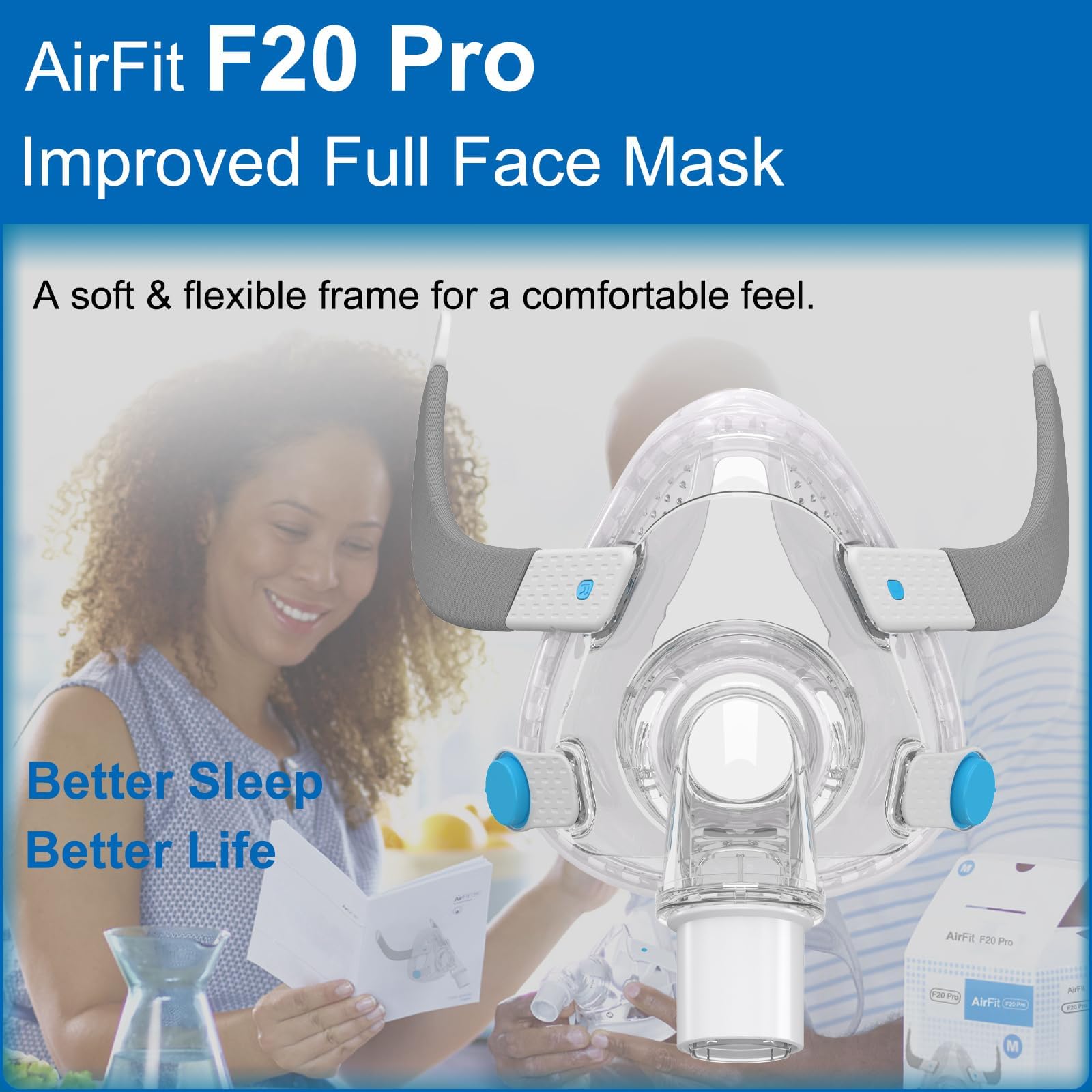 Système de cadre de rechange F20 pour AirFit F20, kit de bandeau de rechange pour masque facial - Comprend un masque F20 (moyen), un bandeau, un système de cadre - Joint anti-fuite et accessoires