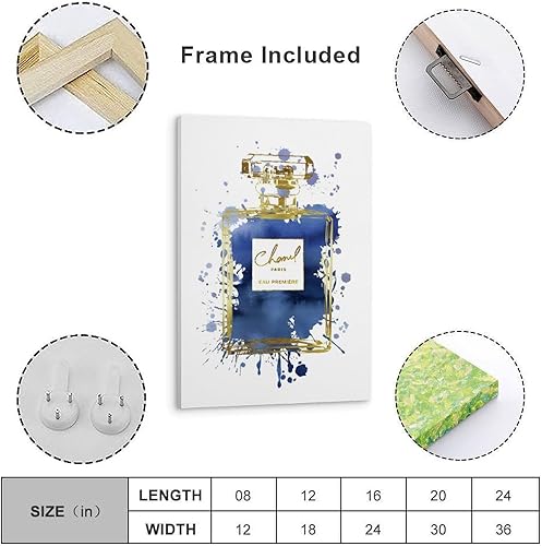 Vista 4 de WEboL Botella de perfume azul marino con tinta dorada a la moda, pintura decorativa, lienzo, arte de pared, decoración moderna de dormitorio