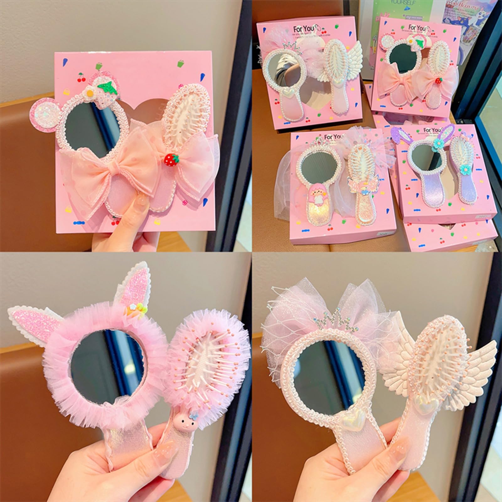 Amazon.co.jp: papasgix ハンドミラーとブラシセット 女の子用 ピンク