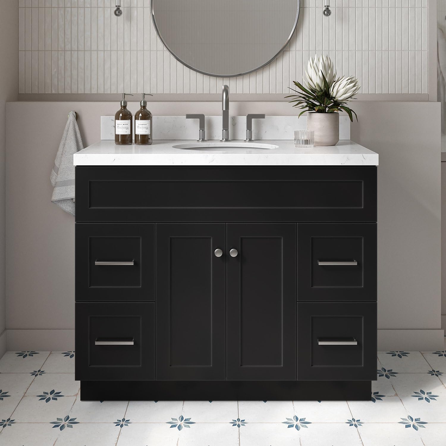 ARIEL Hamlet 42-inch Bathroom Vanity with Sink,Solid Wood, 1.5-inch Carrara White Quartz Countertop & Backsplash, Single Oval Porcelain Sink, 2 Soft Closing Doors, 4 Dovetail Drawers, Black