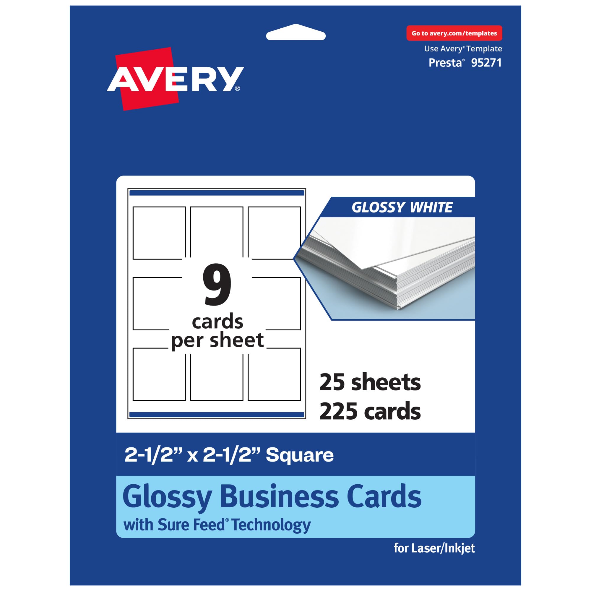 Avery Printable Square Business Cards, Sure Feed Technology, 2.5" x 2.5", Glossy White Cardstock, Print-to-the-Edge, Laser/Inkjet Cards, 225 Total