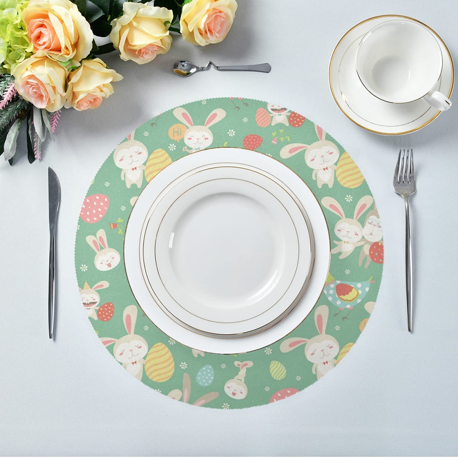 Lot De 6 Sets De Table Ronds Pâques œufs Lapin - Diamètre 40 Cm - Isolation Thermique - Lavables - Déco Festive