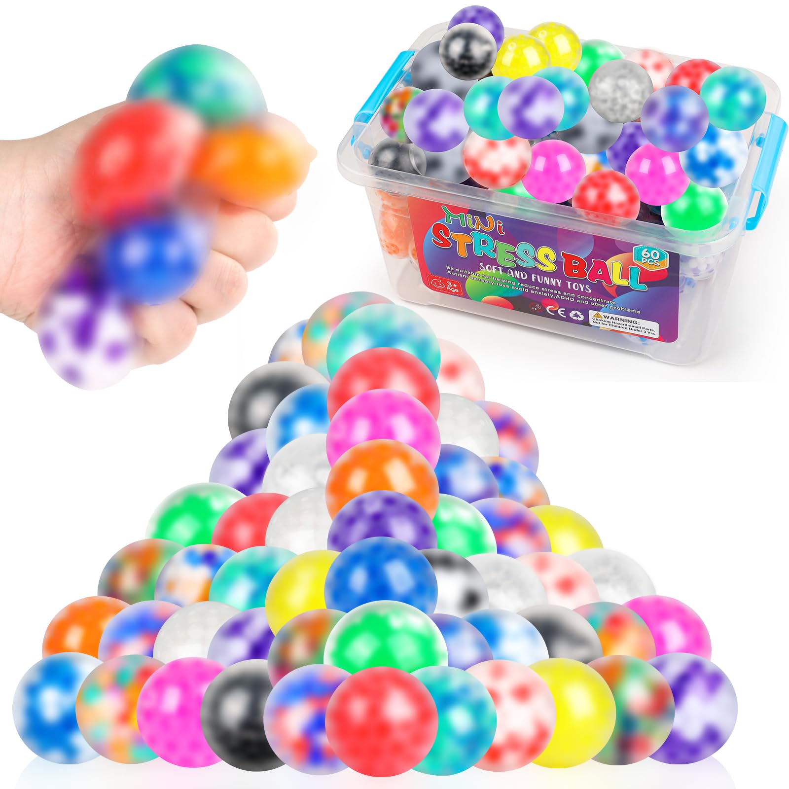 NEOACT 60 Pack Stress Balls,Squishy Squeeze Balls Bulk Fidget Ball for Adults Squishy Balls,Stress Relief Ball,Party Favors,Birthday Gift, Goodie Bag Stuffers
