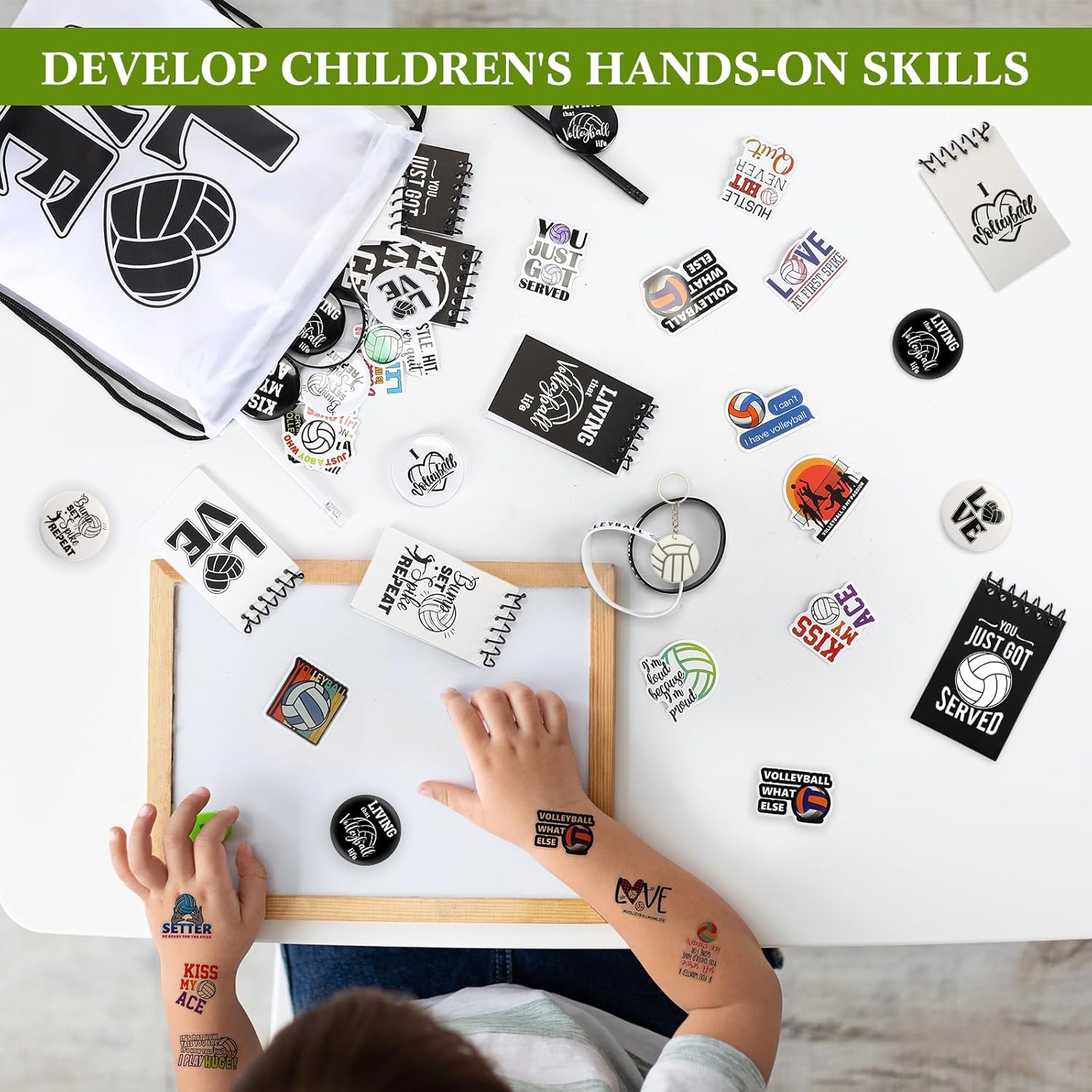 Lenwen 128 Pcs Volleyball Party Favors Sports Gifts for Girls Volleyball Drawstring Backpack Bags Keychain Bracelets Badge Pins Sticker Pencils Spiral Notebooks for Sport Party Supplies - Image 5