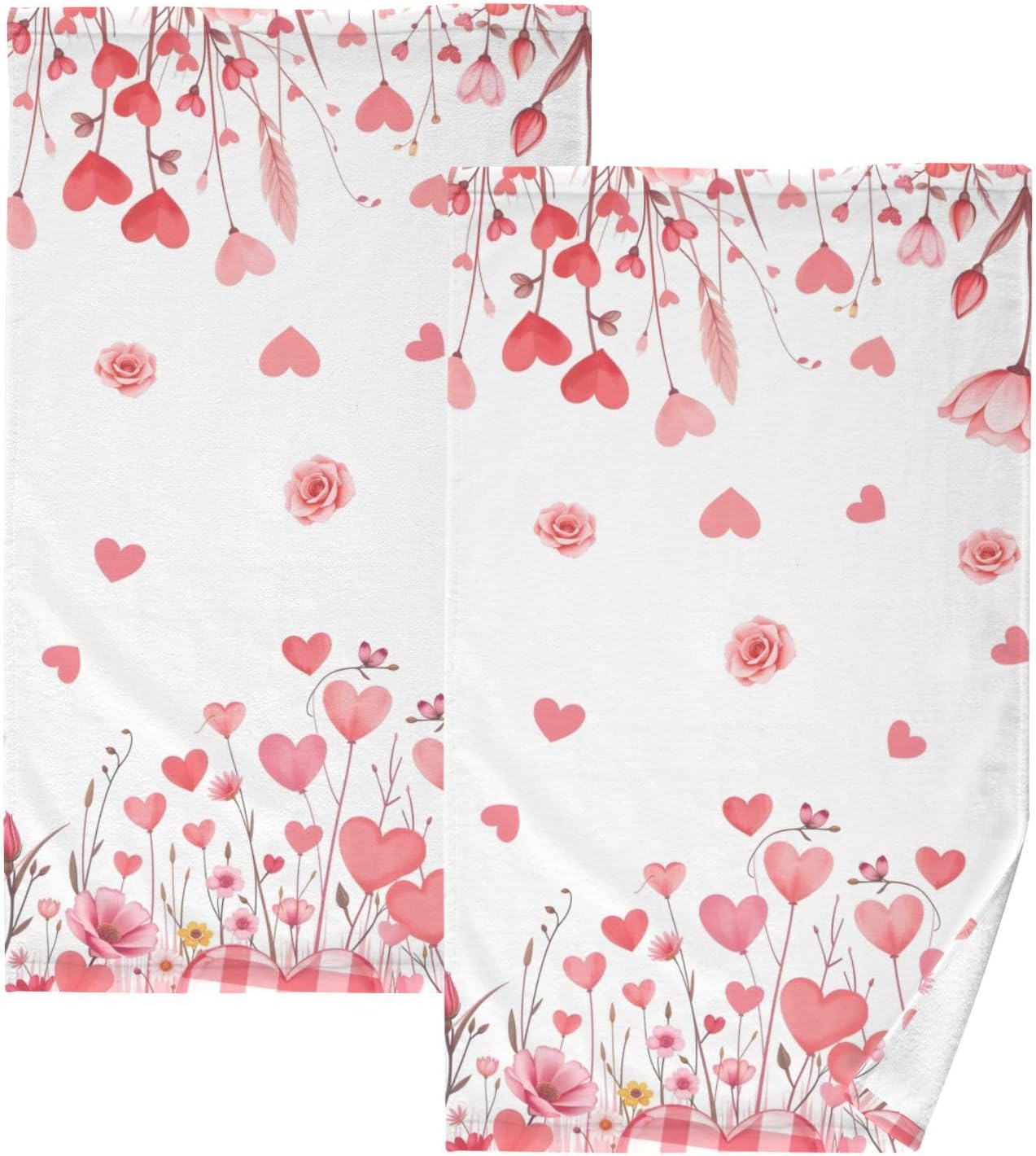 Cotton Hand Towels for Bathroom Set of 2 Valentine's Day Flower Hearts Rose Kitchen Towels Soft Bath Towel Absorbent Towels for Face,Gym,Sports 16x28in