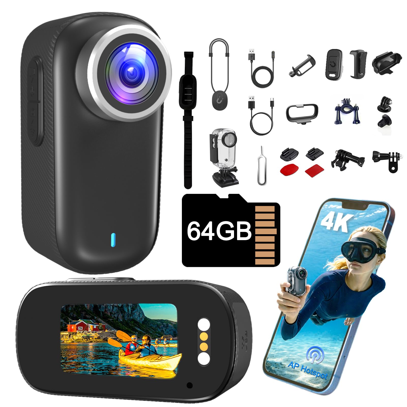 Bextgoo Action Cam 4K, Body Cam WiFi, Bodycam con Scheda di Memoria da 64GB, Mini Action Camera con Batteria da 1200mAh, Telecamera Moto Stabilizzazione EIS per Viaggi, Sport e Vlogging