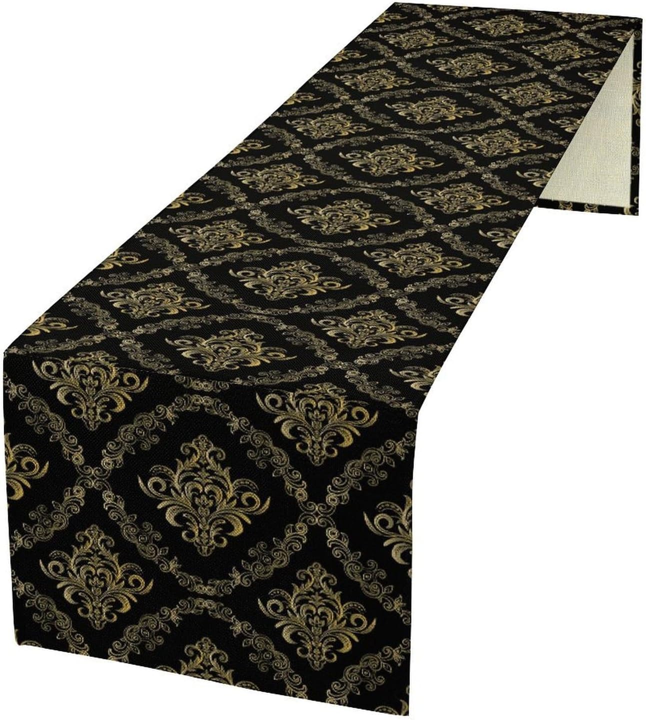 Abstract Table Runner, Traditional Ethnic Patterns Golden Floral Black Cool Vintage Table Runner for Kitchen Living Room Party Home 13x90 Inch