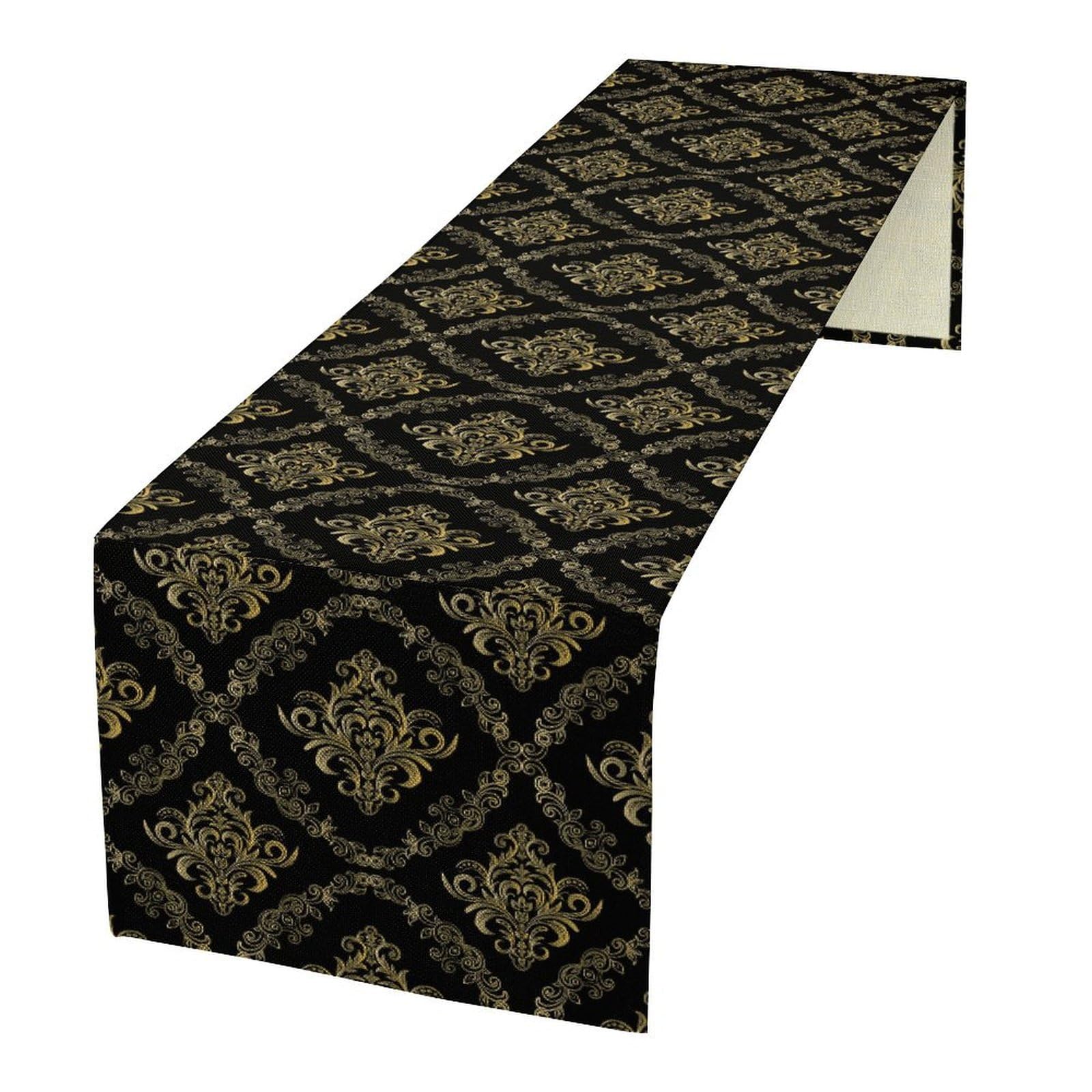ShiTingYu Camino de mesa abstracto, patrones étnicos tradicionales, flores doradas, negro, camino de mesa vintage para cocina, sala de estar, fiesta, hogar, 13 x 90 pulgadas