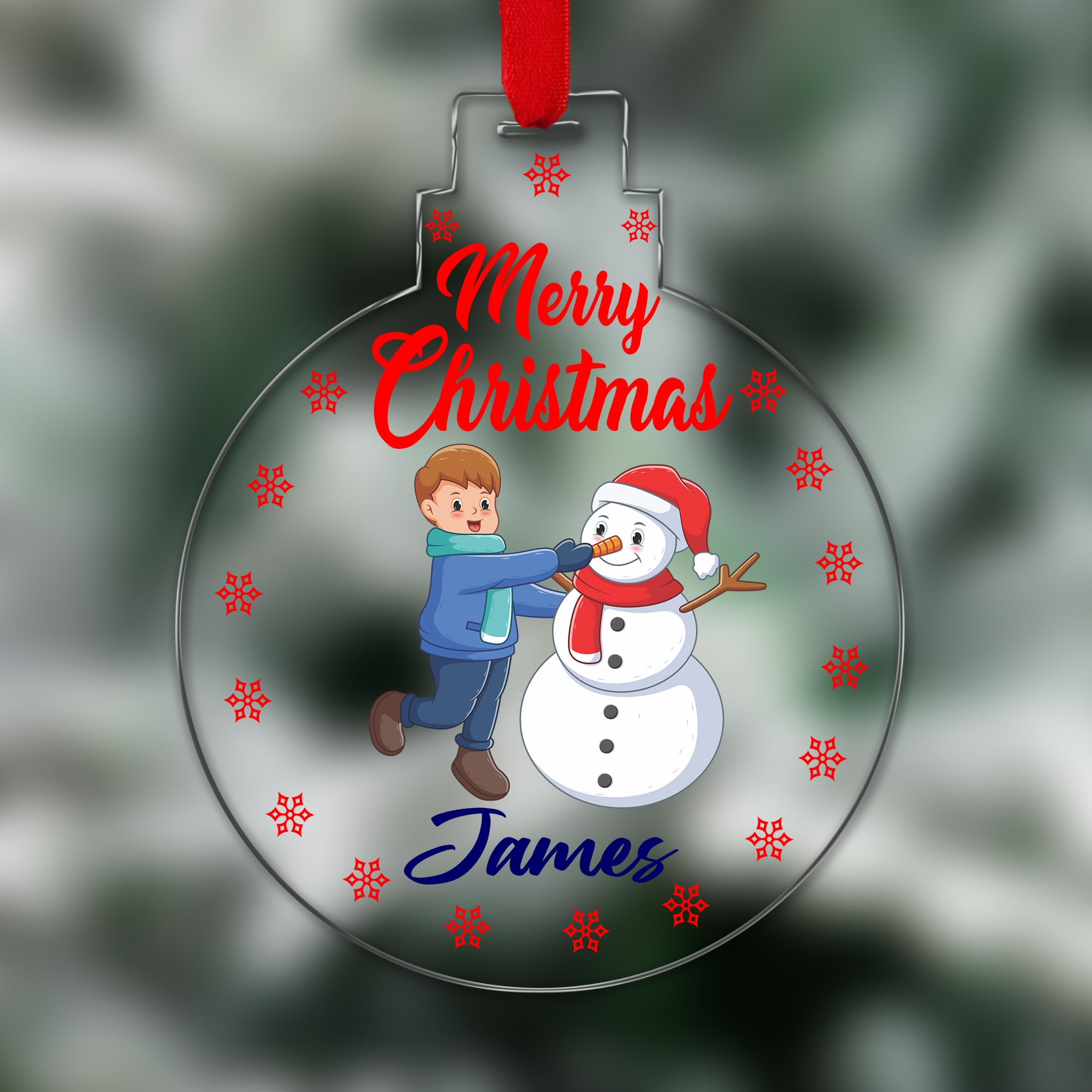 Kreatesquare Design 18 Personalised Christmas Tree Decorations Baubles With Snow Making Snowman & Name | Xmas Tree Decoration Hanging Ornaments Personalised Bauble For Xmas Decorations