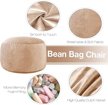 WhatsBedding 3 ft Bean Bag Chair,Large Bean Bag Chairs for Adults with Memory Foam Filling,Lazy Bean Bag Sofa for Living Room,Ultra Soft Velvet Fabric,Pull-Handle,Side-Pocket - 3 Foot,Camel