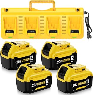 4Pack 12000mAh DCB206 Replacement for Dewalt 20V Battery and DCB104 Charger | Compatible with Dewalt 20V Max Battery DCB203 DCB207 DCB200 DCD DCF DCG Series Cordless Power Tools