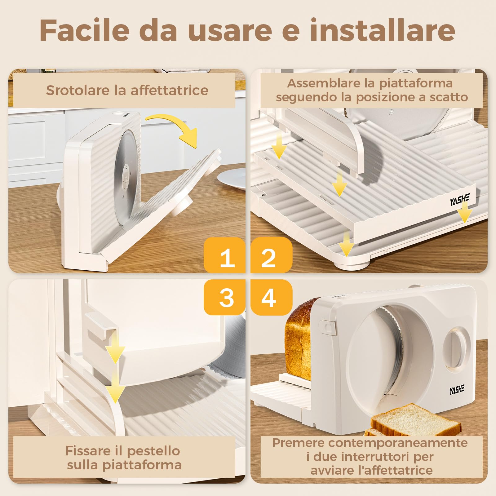 YASHE Affettatrice Elettrica Da Casa Pieghevole, 180W Con Lama Seghettata Da 17 Cm, Spessore Regolabile 0–15 Mm, Facile Da Pulire E Design Sicuro Per Carne, Formaggio, Pane, Verdure
