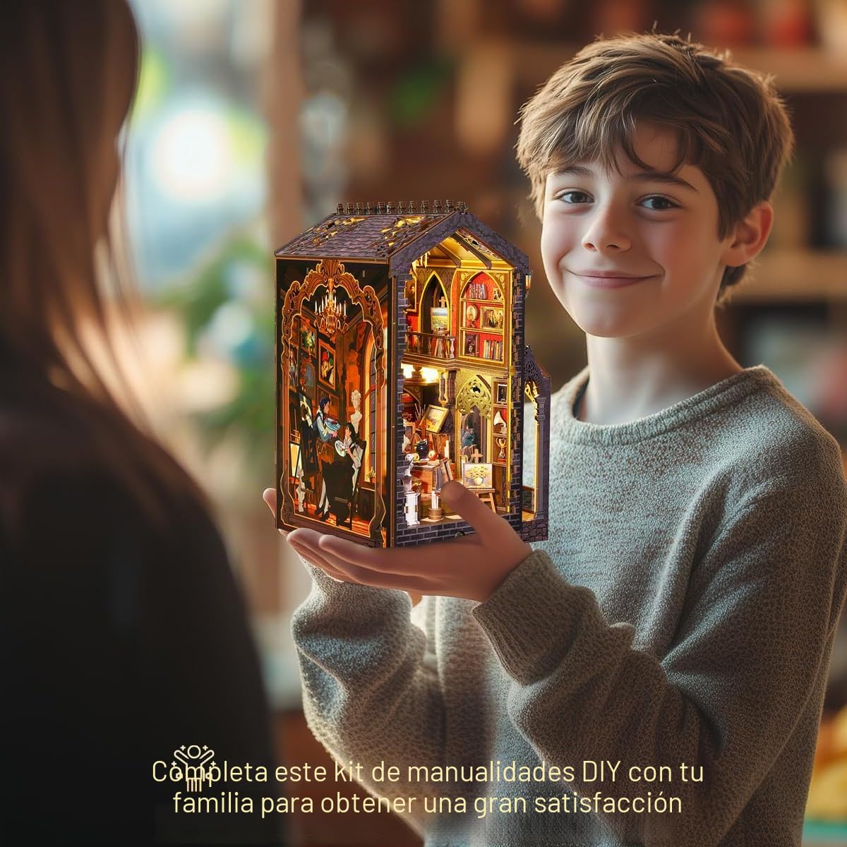 CUTEROOM Book Nook, kit de manualidades Rincón del libro, rompecabezas 3D de madera, juego de construcción de casa de muñecas en miniatura con LED y carrusel musical, regalo para amantes del arte y
