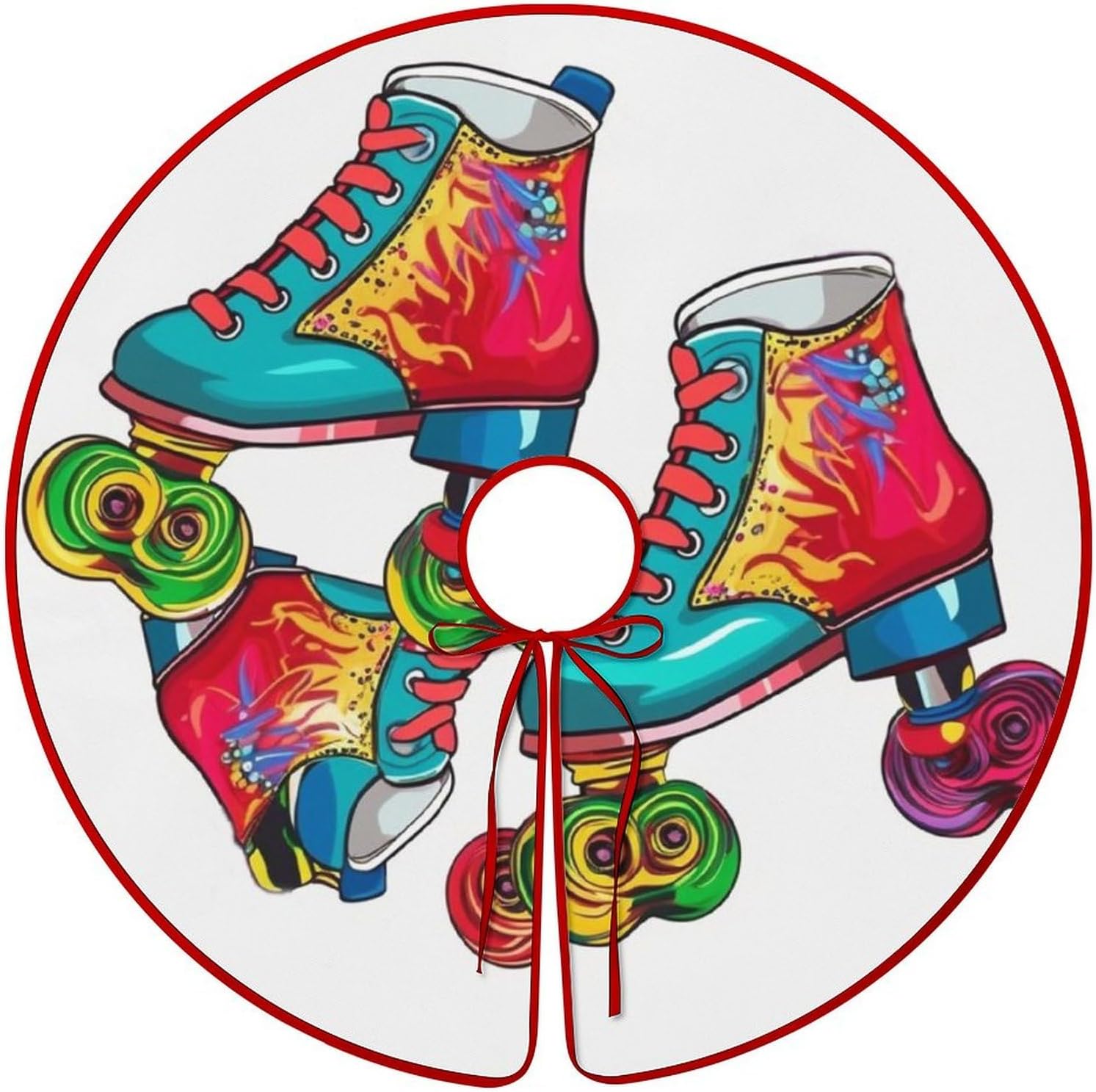 Christmas Tree Skirt 48 Inch Colorful Roller Skates Xmas Tree Skirt Ornament Christmas Tree Collar for Merry Christmas Party Winter Holiday Christmas Tree Mat Decoration