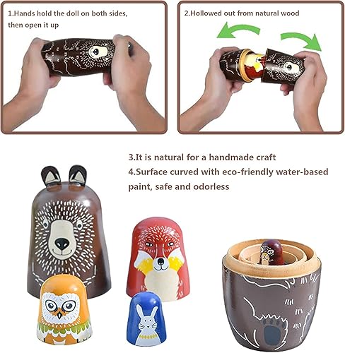 Miniatura 8 de Maxshop Muñecas anidables para niños, juego anidado de madera rusa apilable, 5 piezas, juguetes hechos a mano para niños, Navidad, cumpleaños,