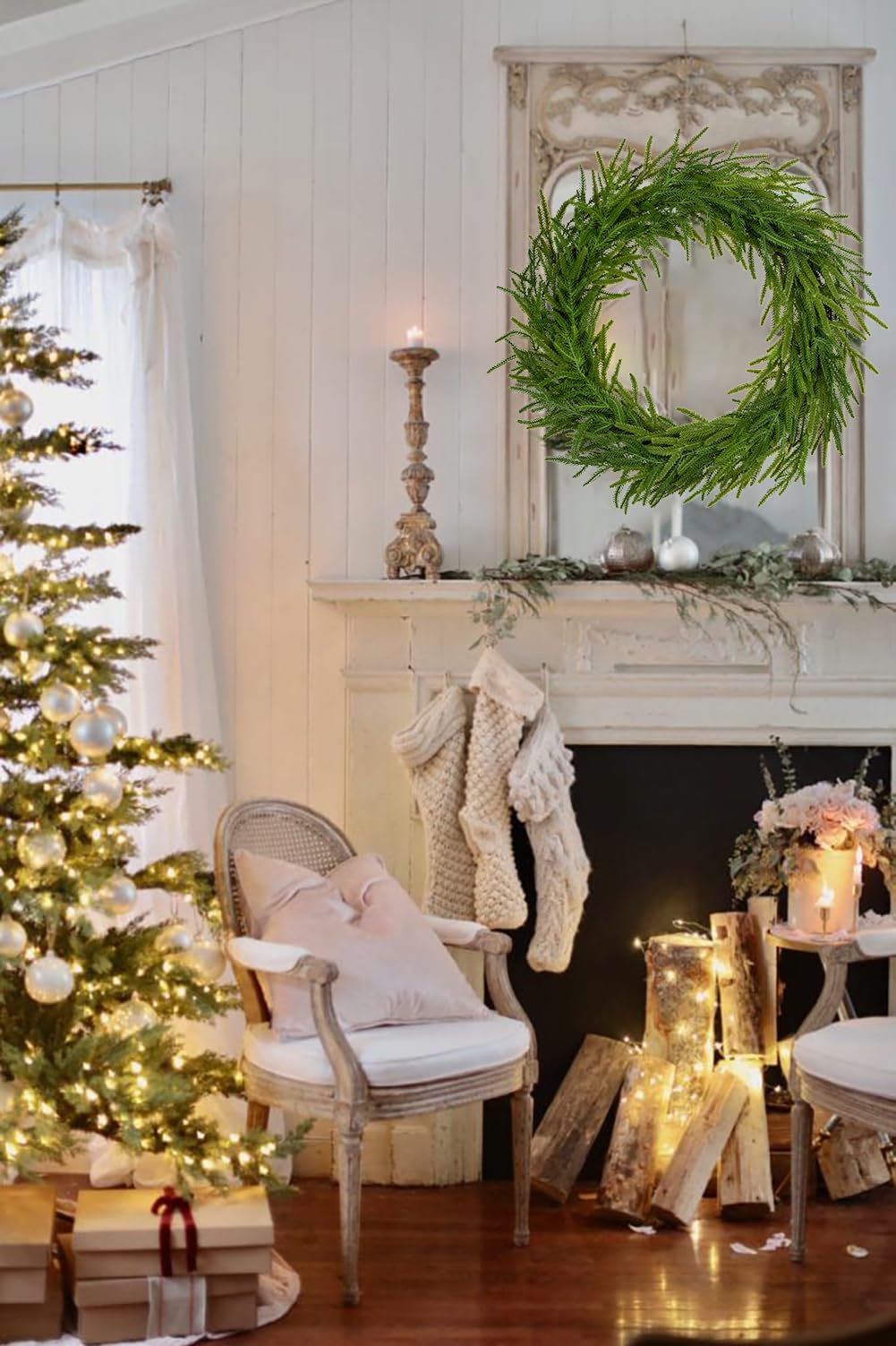 60 cm Türkranz Weihanchten Künstliche Norfolk Pine Tannenzweige Dekokranz Grün für Haustür Tischkranz für Tischdeko Wandkranz für Fensterdeko Weihnachtsdeko zum Basteln Adventsdeko Wohnung
