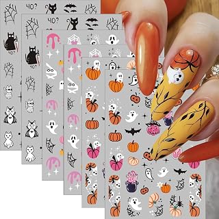 6 Sheets Fall Halloween Nail Stickers for Nail Art Pumpkins Nail Decals 3D Self-Adhesive Ghost Bat Spider Pumpkin Nail Design Black Cat Nails Supplies for Women Halloween DIY Acrylic Manicure Salon