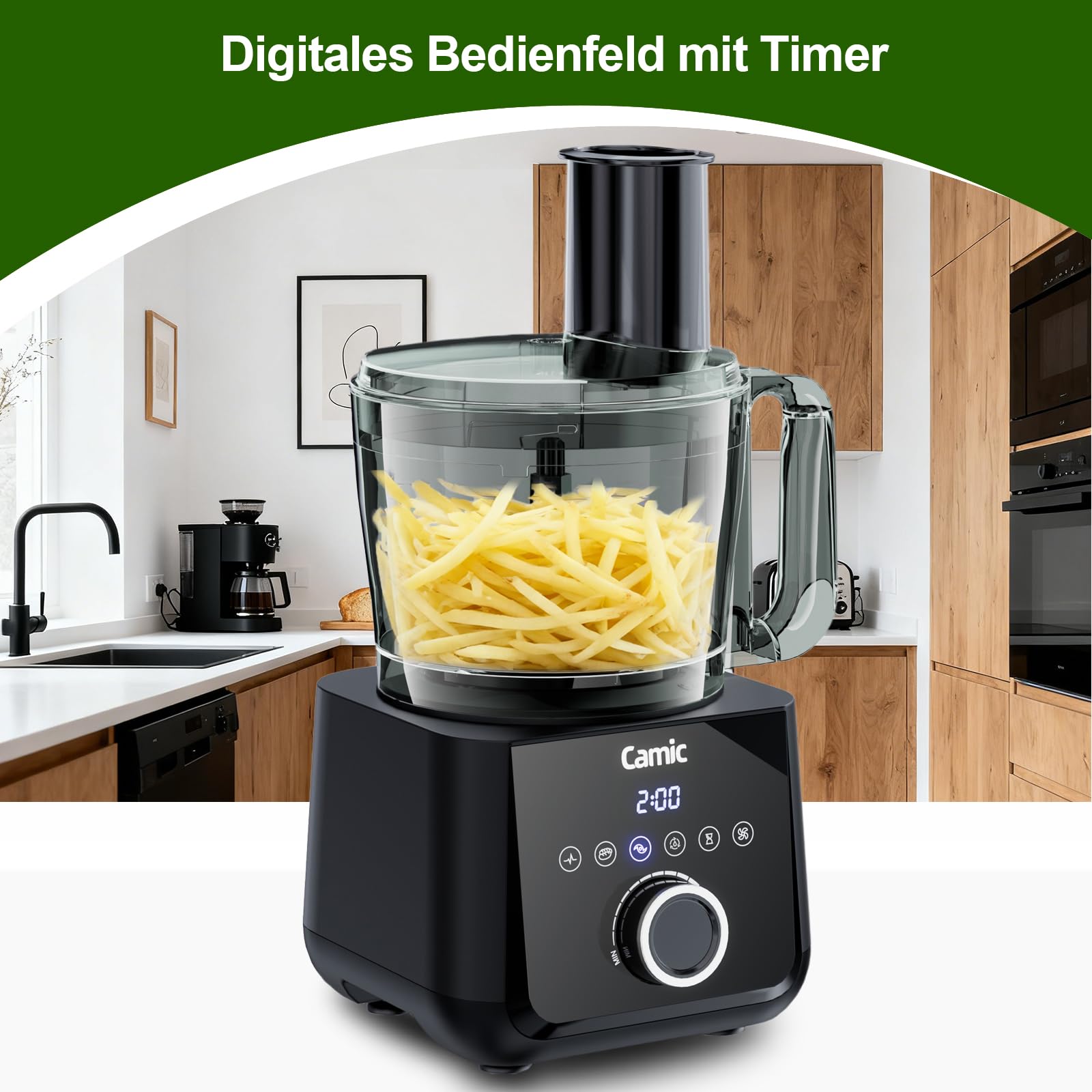 Camic Kompakte Küchenmaschine Food Processor 1500W Motor, 6 Funktionen, PowerChop, 3-in-1 Scheibe, Einfacher Zusammenbau, 2,5L Schüssel (Upgrade-Version)