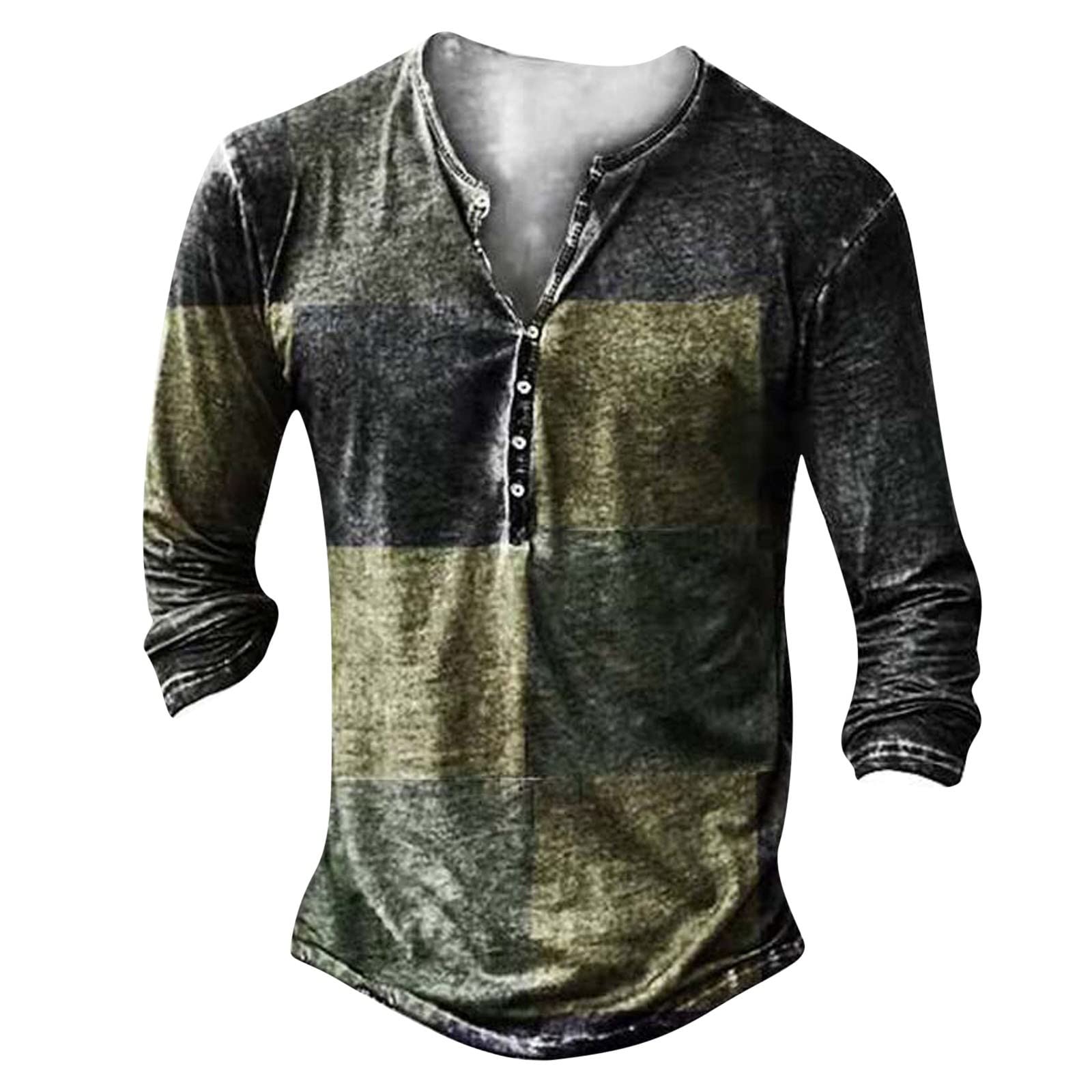 Men's Casual Henley T-Shirts - Vintage Long Sleeve Shirt Lightweight Relaxed Fit Cotton Shirt Casual Placket Round Neck Shirts Fashion Casual Basic Plain Cotton Tee Shirts Xmas Jumper Sale Clearance