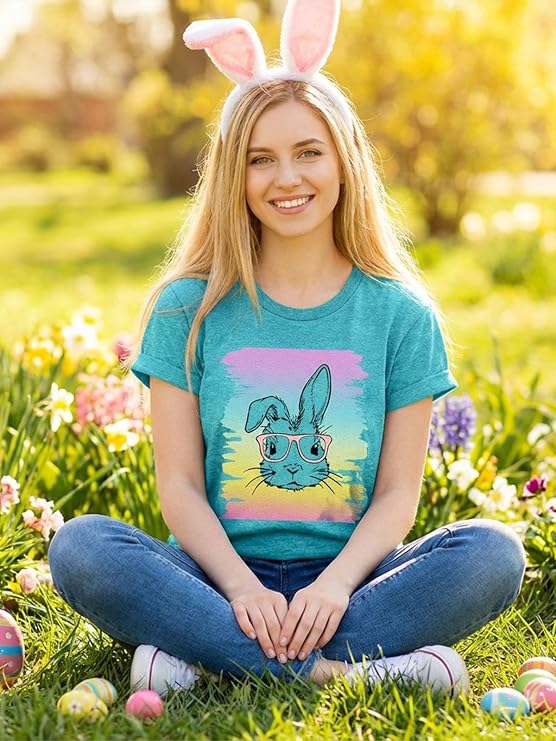 Easter Shirts for Women Happy Easter Bunny with Glasses Tshirt Leopard Bow Bunny Blouse Holiday Graphic Tees