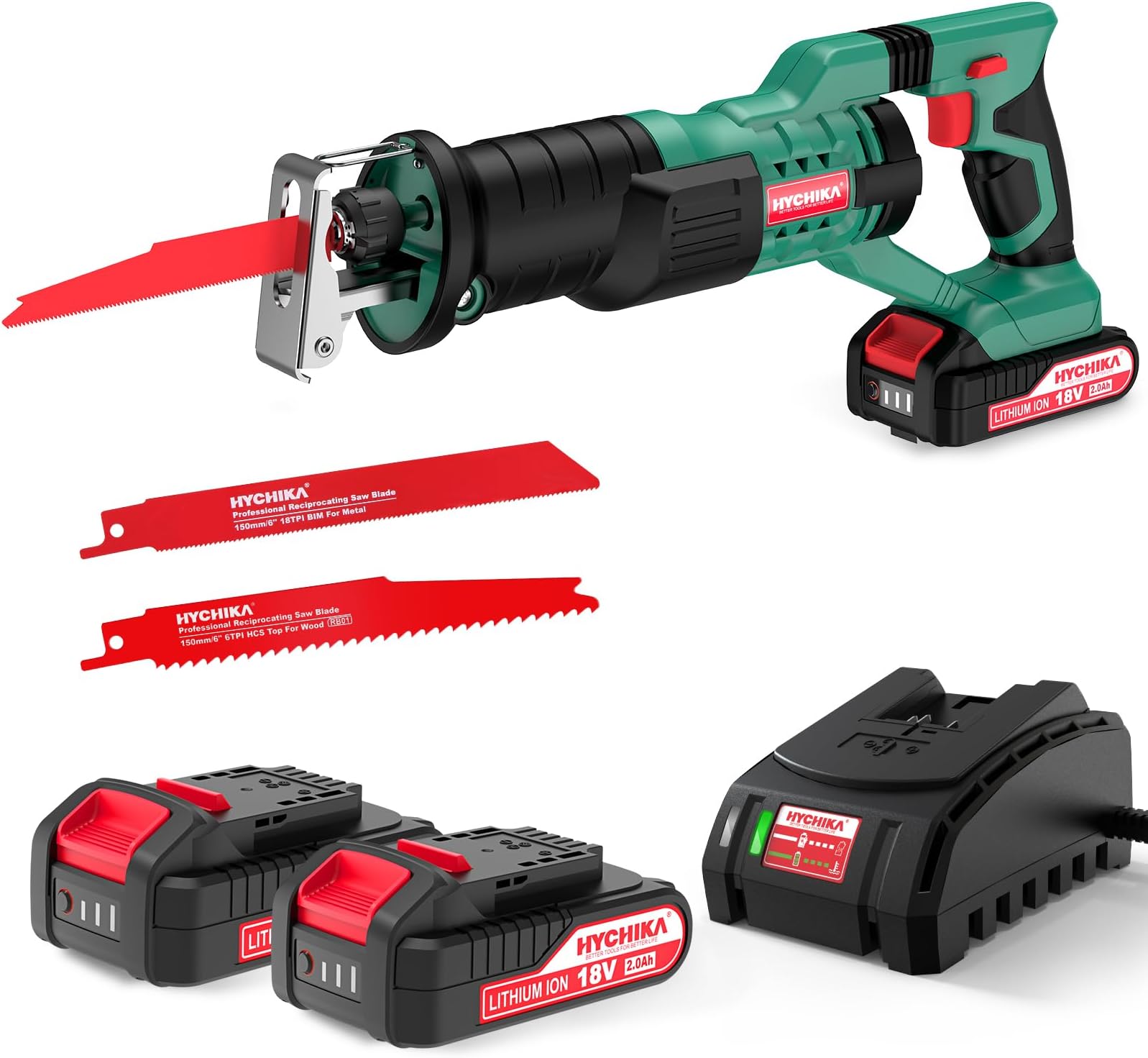 – HYCHIKA Cordless Reciprocating Saw, 18V Brushless Electric Saws, 0-2800SPM Variable Speed Electric Saw with 2x2000mAh Batteries, 2 PCS Saw Blades, Fast Charger, LED Light,for Wood Metal PVC Cutting