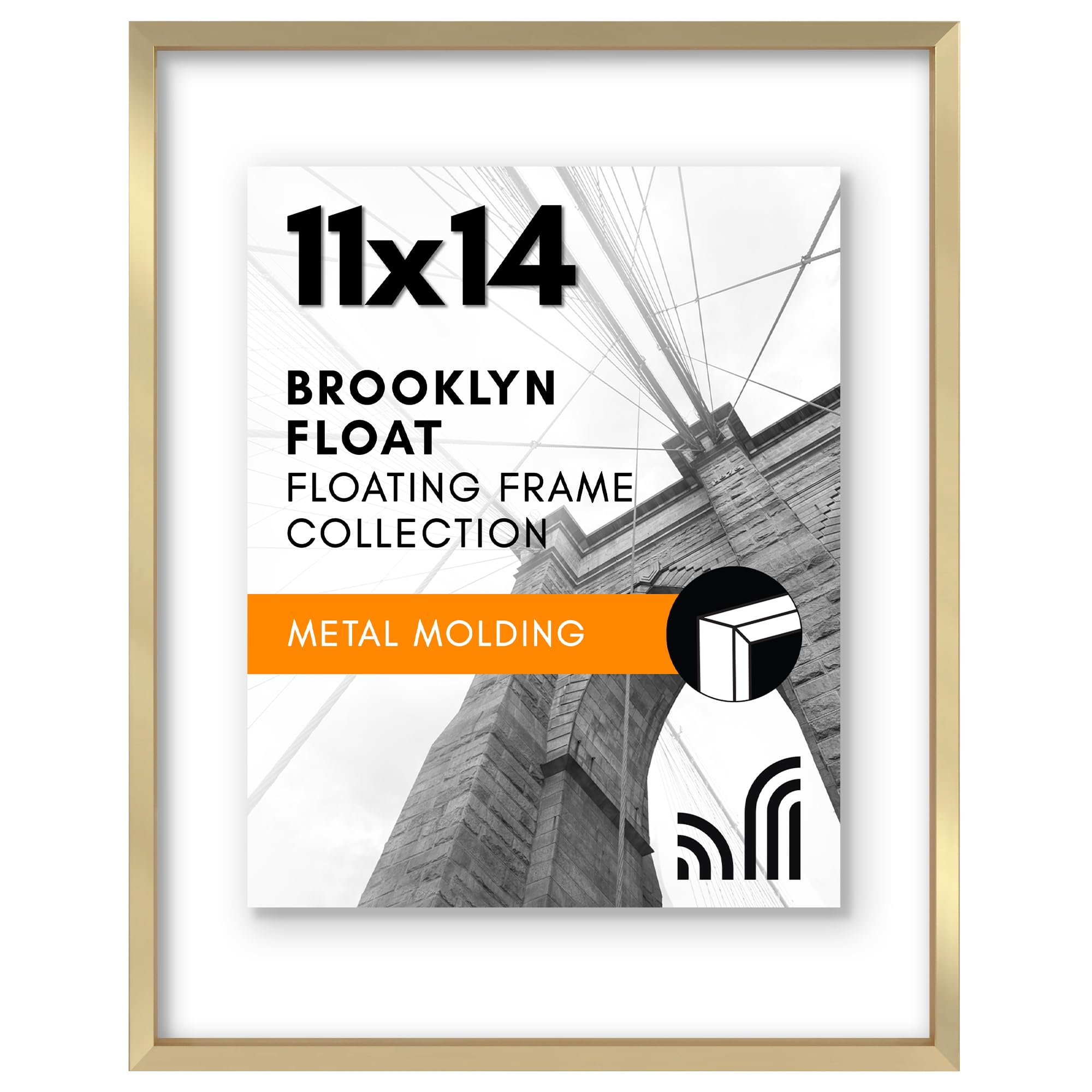 Americanflat Aluminum 11x14 Floating Picture Frame with Shatter-Resistant Glass - Use as 11x14 Picture Frame or 8x10 Picture Frame - Signature Float Collection - Photo Frame for Wall Display - Gold