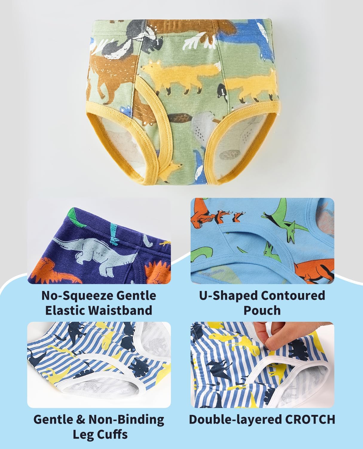 Little Boys Briefs, 100% Cotton Underwear for Toddlers, Dinosaur Truck Car Prints,