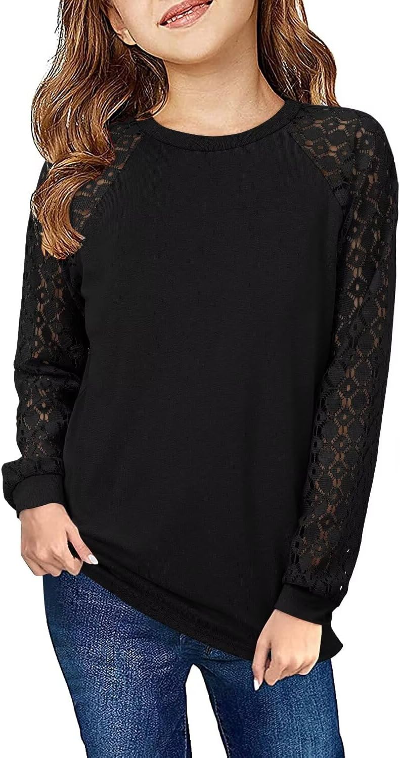 Yoklass Girls Long Sleeve Shirts Kids Lace Casual Cute Crew Neck Top Sizes 5-14 Years - Image 2