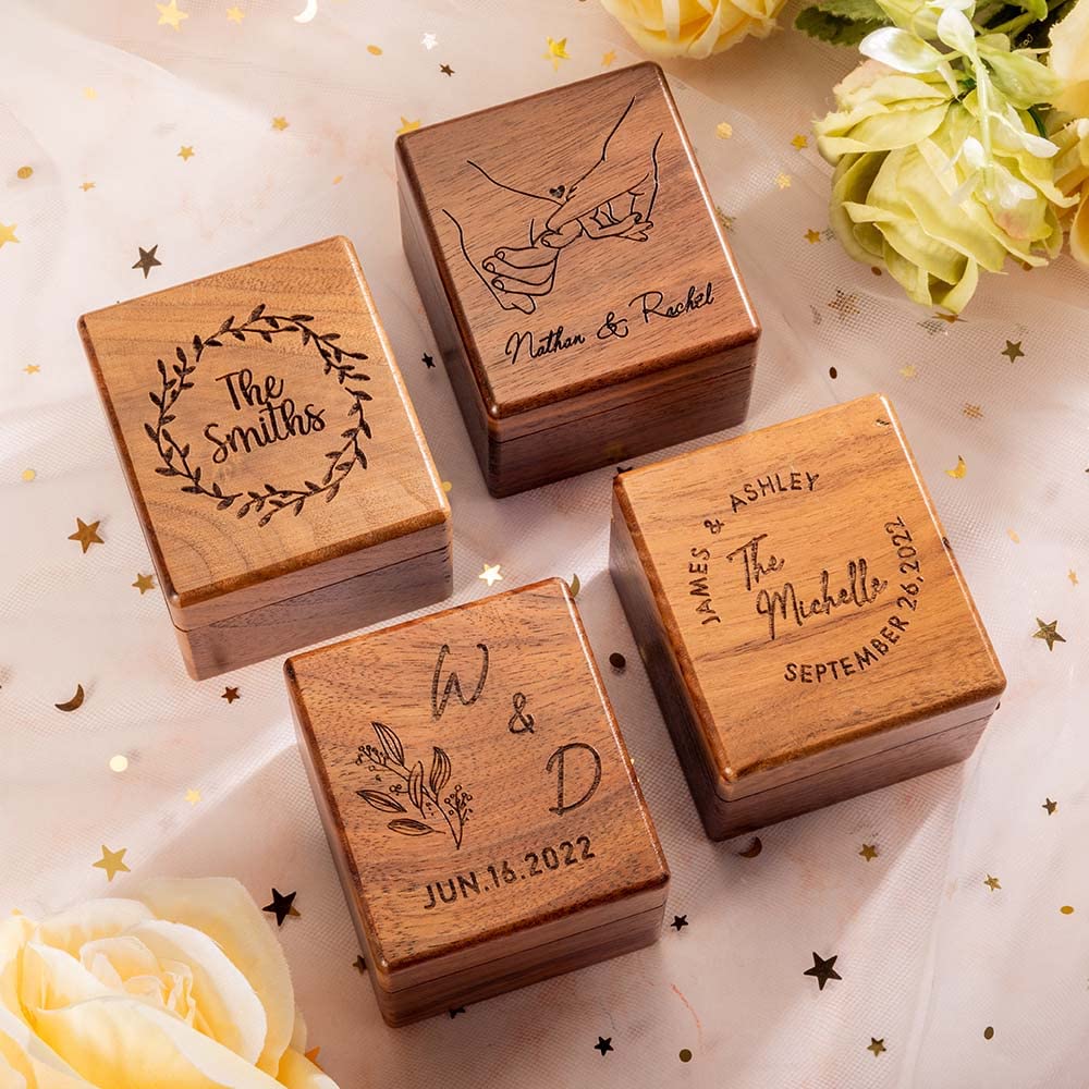 Custom Ring Box for Wedding Ceremony Birthday Engagement Ring Box for Proposal Bearer Box Walnut Storage Wooden Box Wood Ring Holder for 3 Rings Rustic Triple Flip Jewelry Ring Boxes Organizer