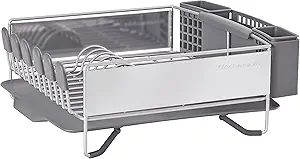 KitchenAid Compact Space Saving, Dish Rack with Removable Flatware Caddy and Angled Self Draining Drainboard, Satin Gray, 15-Inch-by-13.25-Inch