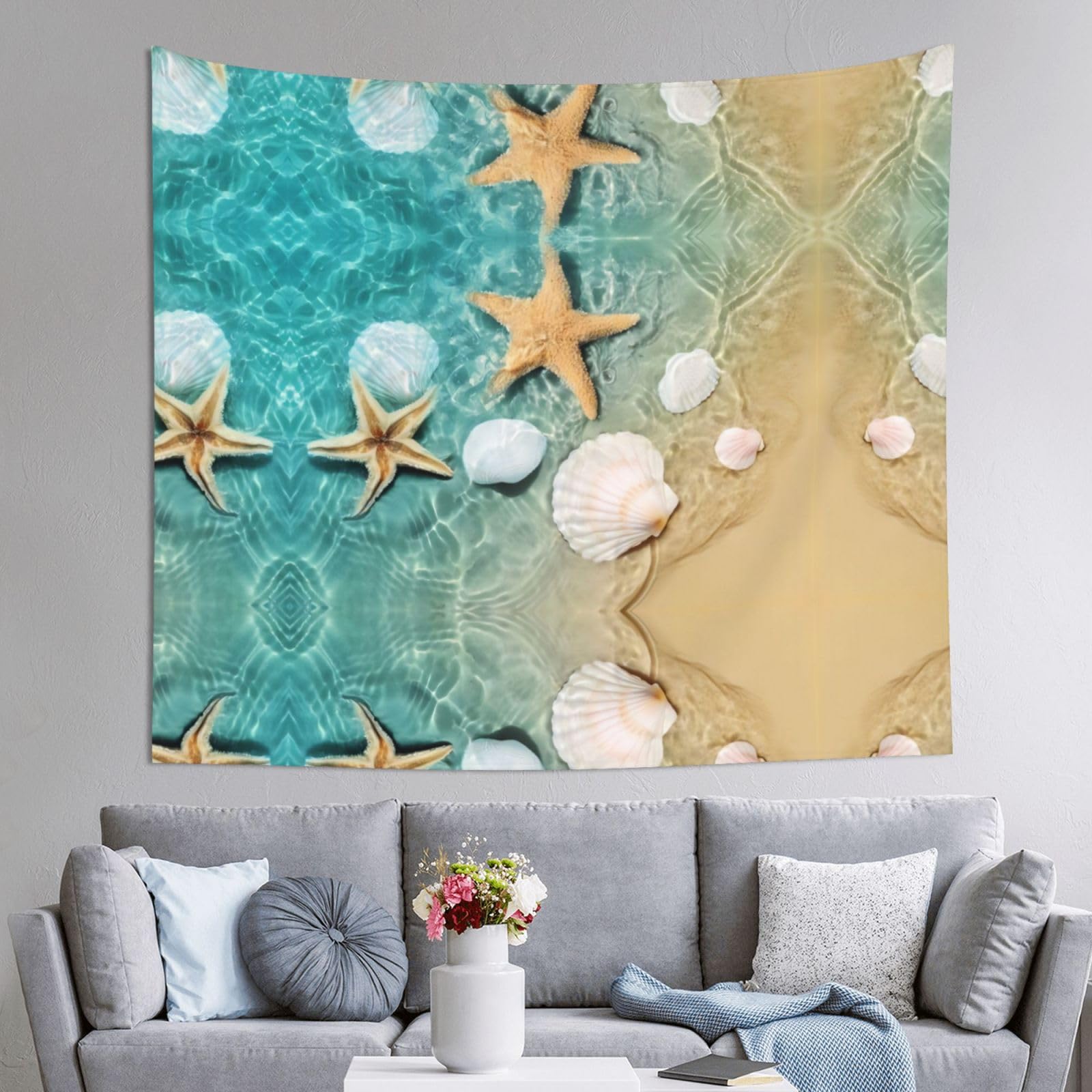 HLSBSSL 60x51in Sea Shell Starfish Printed Tapestry Tablecloth for Dormitory and Picnic Rooms - Multifunctional Fabric Hanging