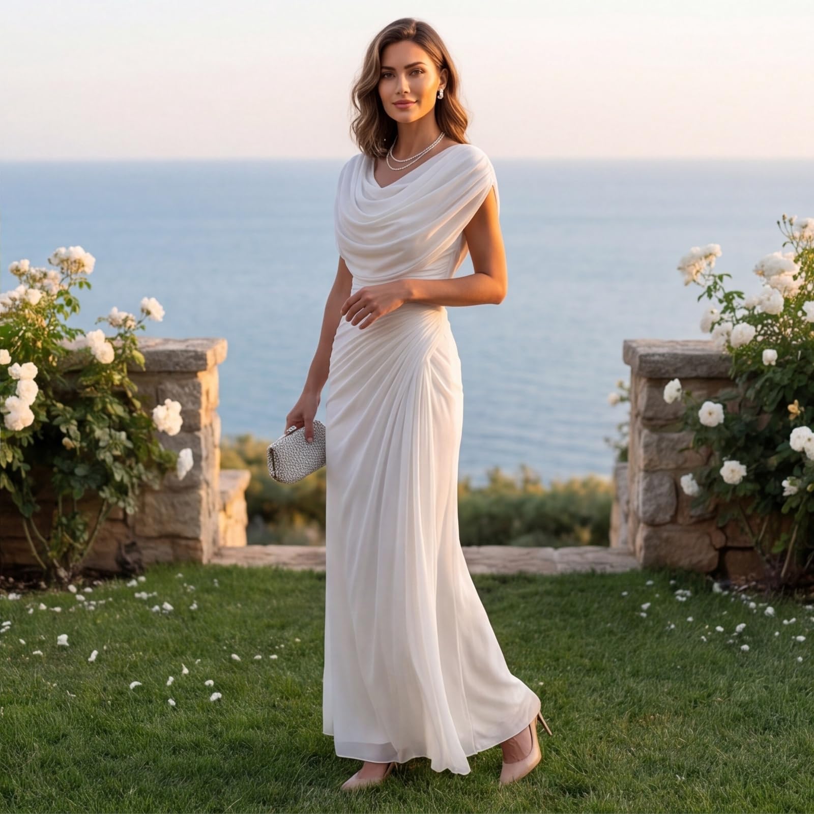 Abendkleider Elegant Für Hochzeit Tüll Ballkleider Damen Lang A-Linie Kleid Hochzeitsgast Cocktail Festliche Kleider Schlitz Plissee Abschlusskleid Wasserfallausschnitt Brautkleid Maxi Rückenfrei