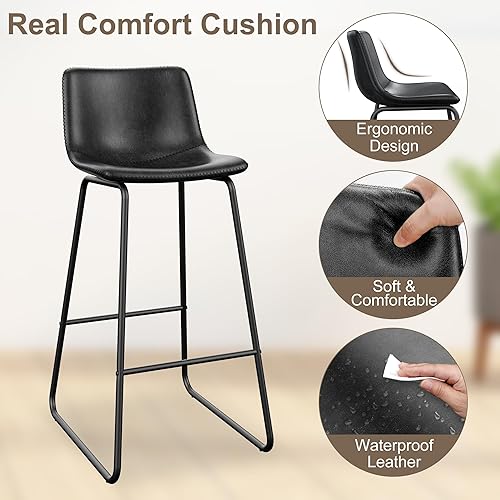 Miniatura 7 de Juego de 4 taburetes de bar de piel sintética de 30 pulgadas, taburetes de bar modernos con patas de metal y reposapiés, sillas urbanas sin brazos